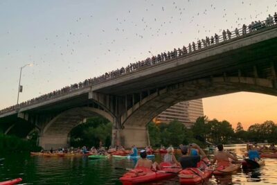 Sunset Skyline Kayak Tour - Congress Avenue Bridge bat watching from the kayak